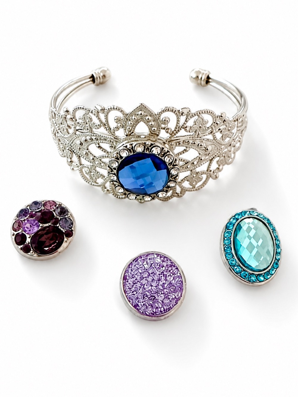 Silver Filigree Interchangeable Snap Cuff Bracelet with 4 Decorative Snap Charms